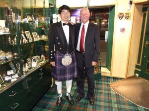 Nagasaki Mayor Tomihisa Taue with Balgownie President Allan Thom at Scotts the Kiltmakers.